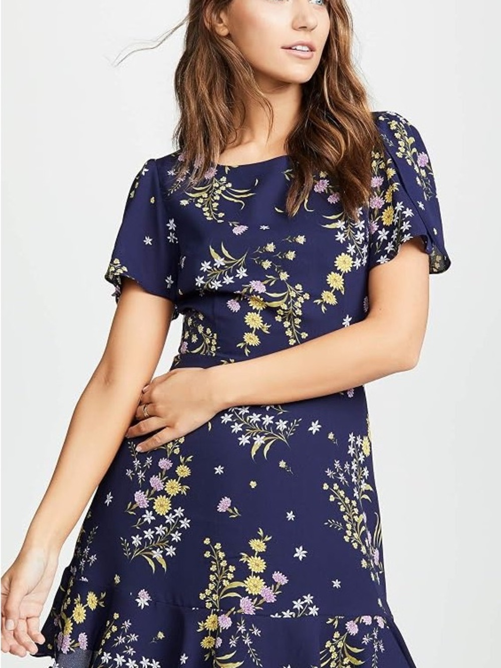 BB Dakota Navy Floral Midi Dress with Yellow & Pink Accents